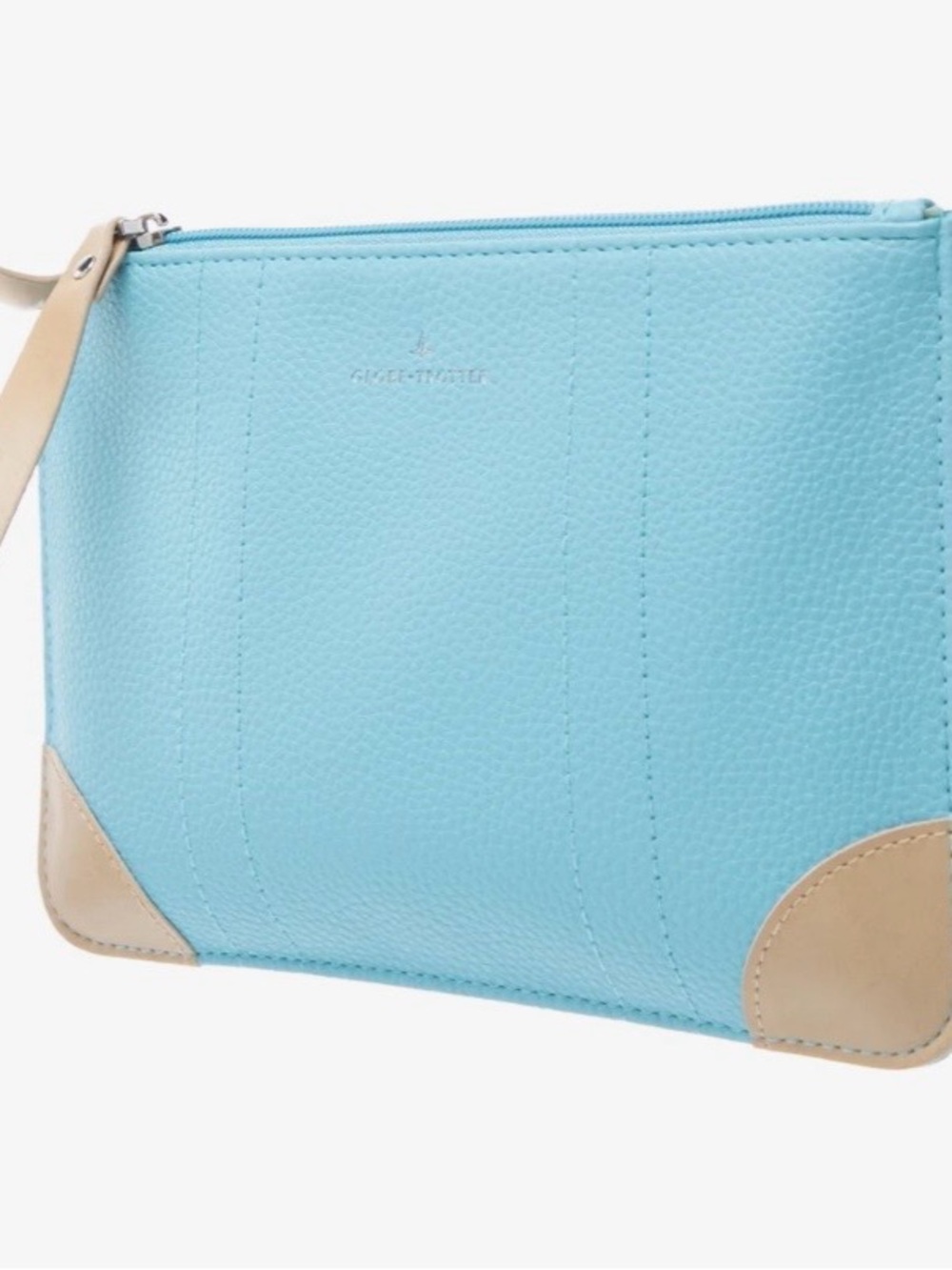 Globe Trotter Baby Blue Leather Wristlet Clutch with Tan Accents